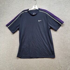 Nike Men Activewear Shirt Blue Large Logo Swoosh Embroidered Dri Fit Tee